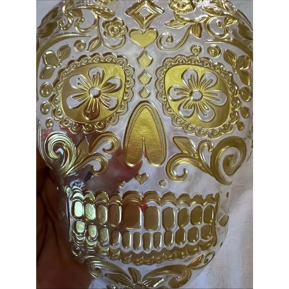 Sugar Skull Art Dish Gold Decorative Glass Serveware